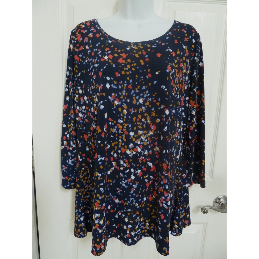 Susan Graver Medium Liquid Knit Pullover Top Multicolor Spotted 3/4 Sleeve